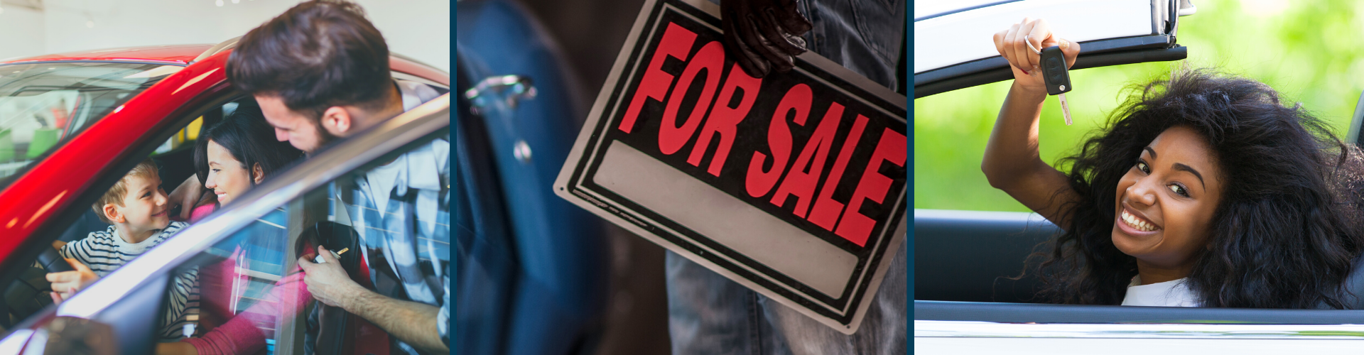 Three picture banner: family buying a car, person holding a For Sale sign, and young teenager in a convertible